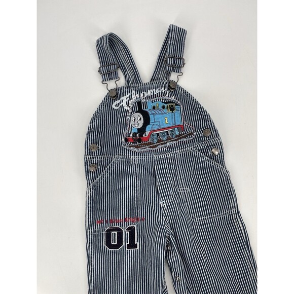 Vintage Y2K Boys Thomas The Train Pinstripe Overalls Denim Jeans Embroidered 18M - Picture 2 of 12